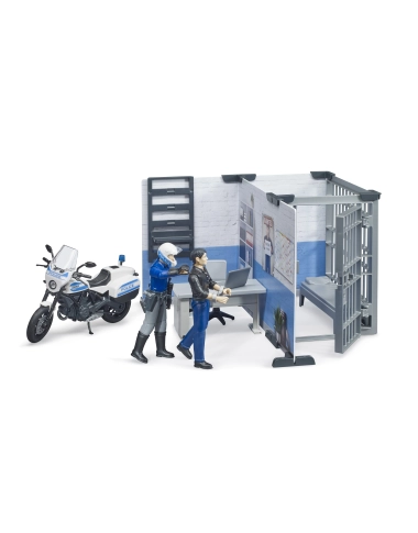 Posterunek policji z policjantem i zatrzymanym + motocykl