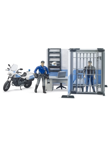Posterunek policji z policjantem i zatrzymanym + motocykl