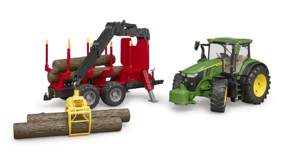 John Deere 7R, przyczepa do transportu drewna + 4 kłody