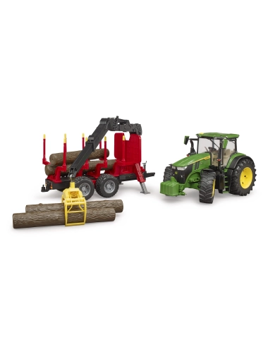 John Deere 7R, przyczepa do transportu drewna + 4 kłody