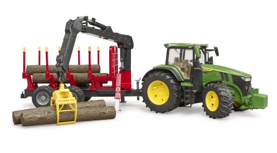 John Deere 7R, przyczepa do transportu drewna + 4 kłody