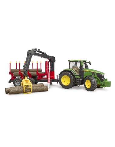 John Deere 7R, przyczepa do transportu drewna + 4 kłody
