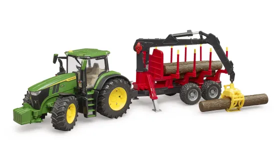 John Deere 7R, przyczepa do transportu drewna + 4 kłody