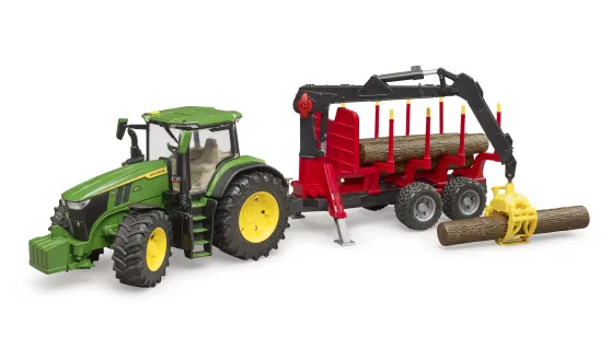 John Deere 7R, przyczepa do transportu drewna + 4 kłody