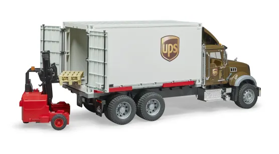 MACK Granite UPS – Ciężarówka z kontenerem i wózkiem widłowym