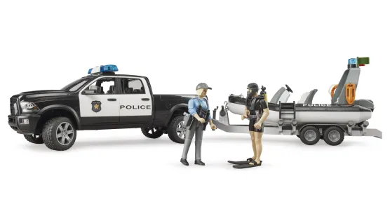 Radiowóz PICK-UP + łódź na lawecie, dwóch policjantów, moduł świetlno-dźwiękowy